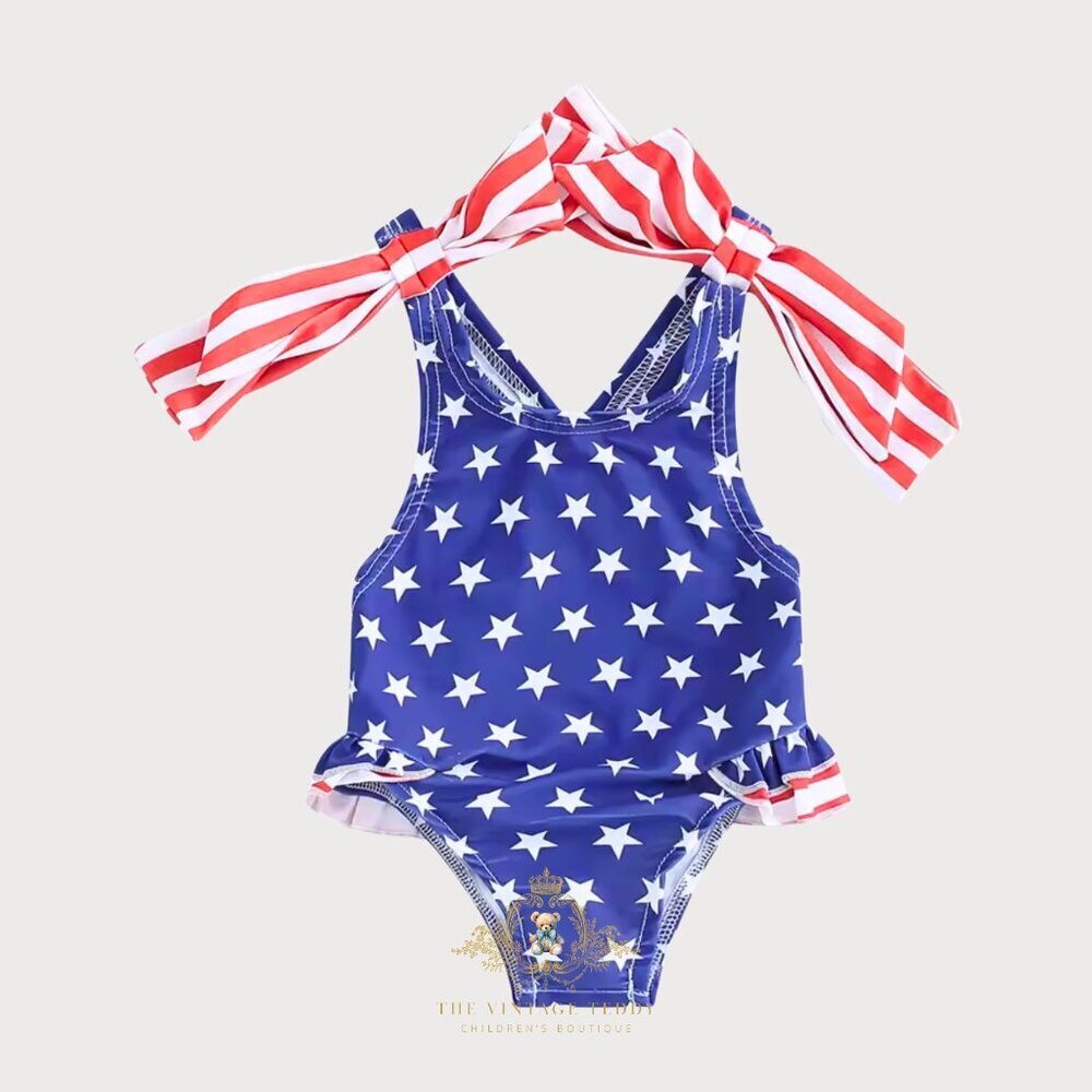 NWT Pretty Girls One-Piece Swimsuit Kids Swimwear July 4th Stars & Stripes 2-3T